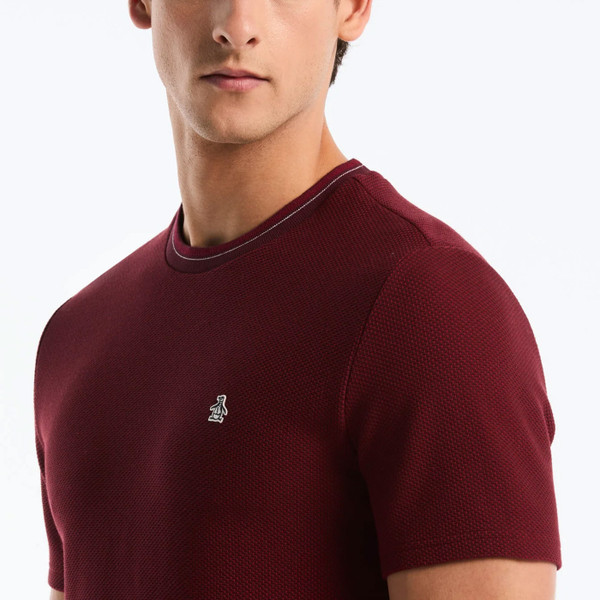 Collar and pique close up on Original Penguin Tonal Tipped Pique T-Shirt in Port Royale Red