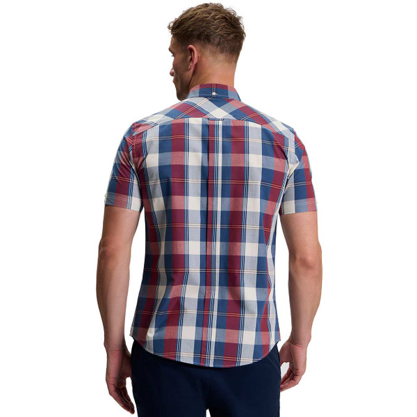 Ben Sherman Men's Mod Short Sleeve Gingham Overcheck Shirt in Dark Red - Back View