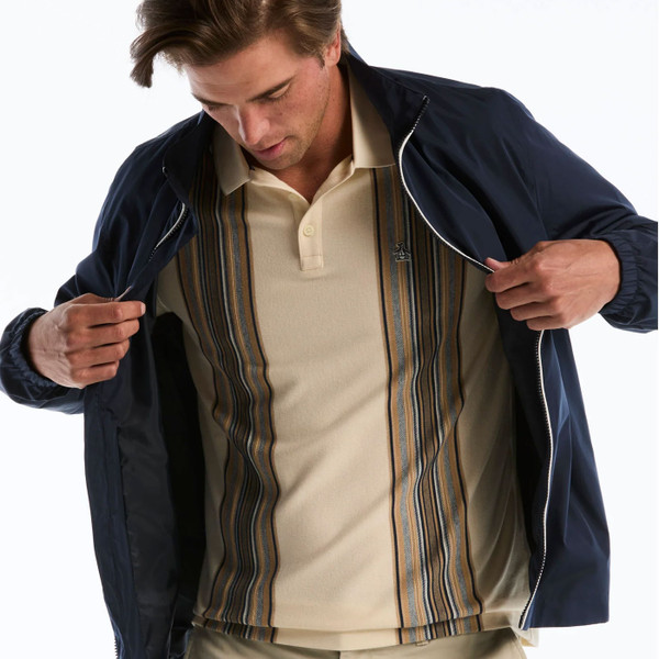 Man wearing Original Penguin Raised Ottoman Vertical Stripe Polo Shirt in Birch