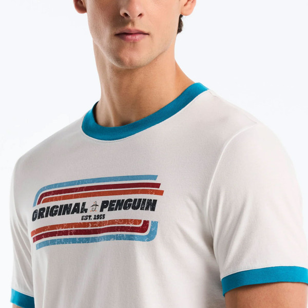 Ringer collar and print on Original Penguin Icons Pete Retro Logo Ringer T-Shirt in Bright White