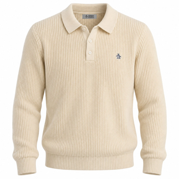 Original Penguin Retro Long Sleeve Knitted Polo in Birch