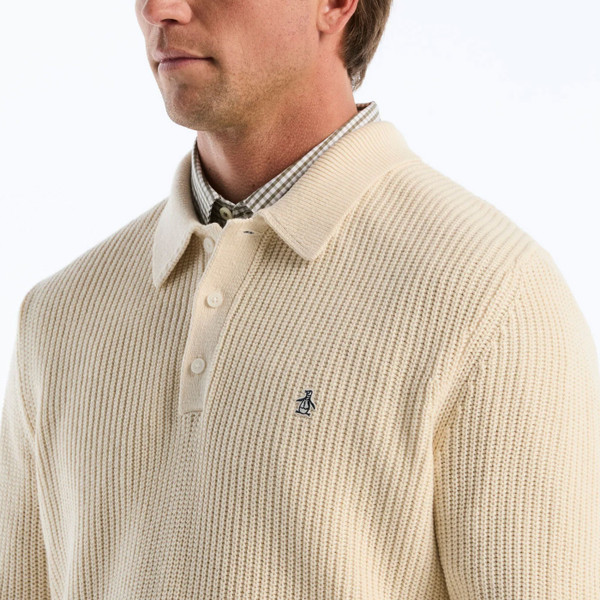 Collar and knit detail on Original Penguin Retro Long Sleeve Knitted Polo in Birch
