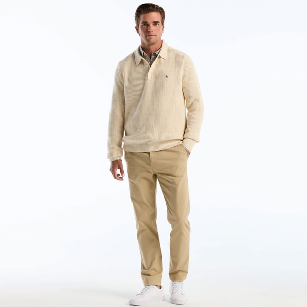 Man wearing Original Penguin Retro Long Sleeve Knitted Polo in Birch