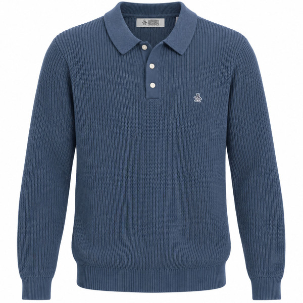 Original Penguin Men's Retro Long Sleeve Knitted Polo in Sargasso Sea