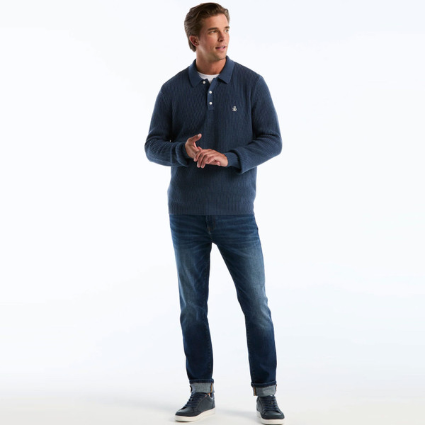 Man wearing Original Penguin Men's Retro Long Sleeve Knitted Polo in Sargasso Sea