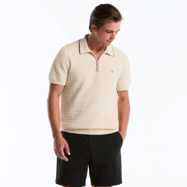 Man wearing Original Penguin Links Stitch Quarter Zip Knitted Polo in Birch