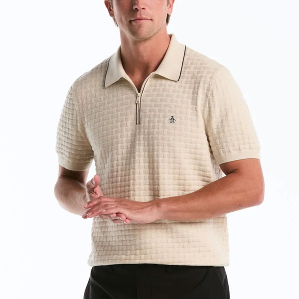 Man wearing Original Penguin Links Stitch Quarter Zip Knitted Polo in Birch
