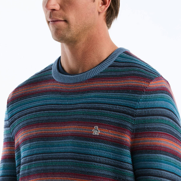 Model Wearing Original Penguin Degrade Stripe Crew Neck Sweater in Copen Blue - Front close up