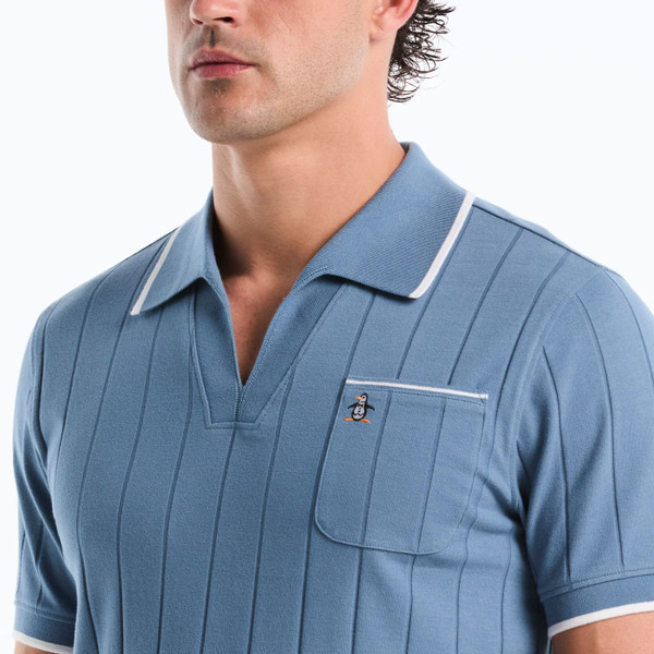 Model Wearing Original Penguin Icons Open Collar Ribbed Polo Shirt in Copen Blue - Front close up