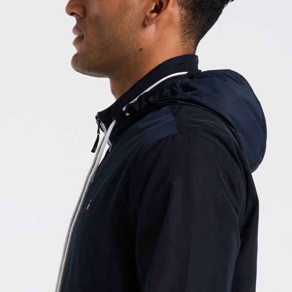 Model Wearing Original Penguin Icons Ratner Lined Jacket In Dark Sapphire - Side close up