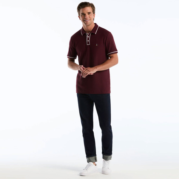 Model Wearing Original Penguin Icons Earl Mesh Bentley Polo Shirt in Port Royale - Front full length shot