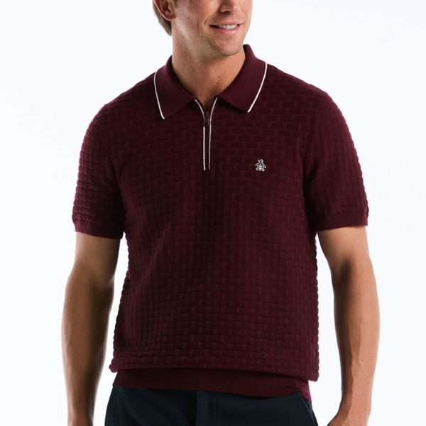 Model Wearing Original Penguin Links Stitch Quarter Zip Sweater Polo in Port Royale - Front