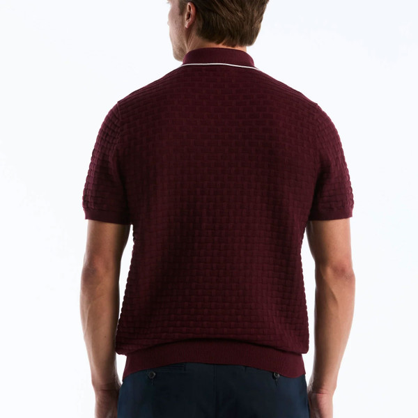 Model Wearing Original Penguin Links Stitch Quarter Zip Sweater Polo in Port Royale - Back