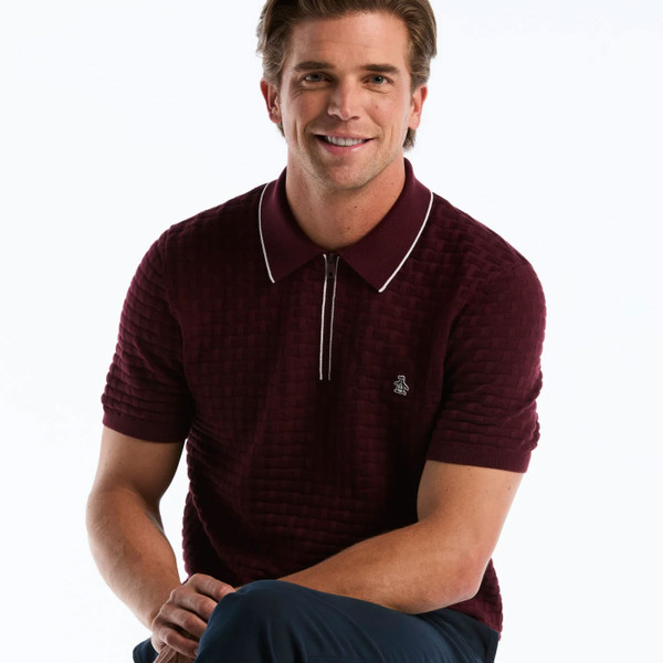 Original Penguin Links Stitch Quarter Zip Sweater Polo in Port Royale