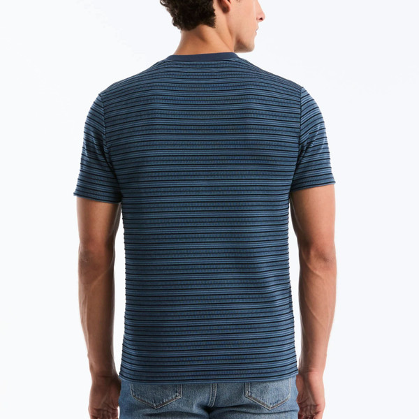 Model Wearing Original Penguin Raised Ottoman Stripe T-Shirt in Sargasso Sea - Back