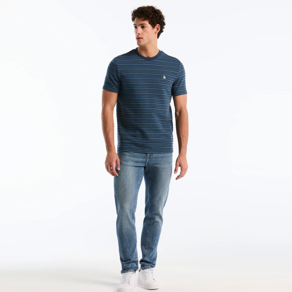 Model Wearing Original Penguin Raised Ottoman Stripe T-Shirt in Sargasso Sea - Front