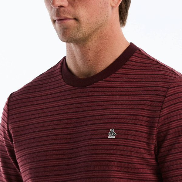 Model Wearing Original Penguin Raised Ottoman Stripe T-Shirt in Port Royale - Front collar close up