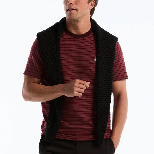 Man wearing Original Penguin Raised Ottoman Stripe T-Shirt in Port Royale