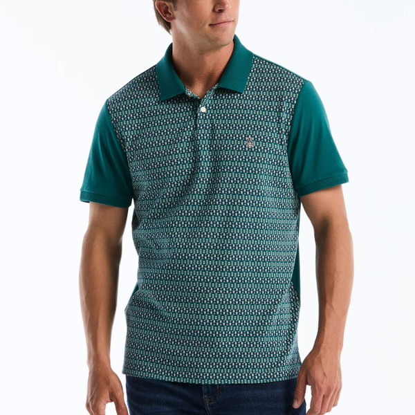 Model Wearing Original Penguin Jacquard Front Mid-Century Fairisle Polo Shirt in Storm - Front