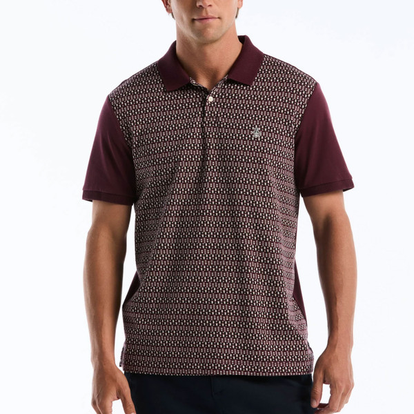 Model Wearing Original Penguin Jacquard Front Mid-Century Fairisle Polo Shirt in Port Royale - Front