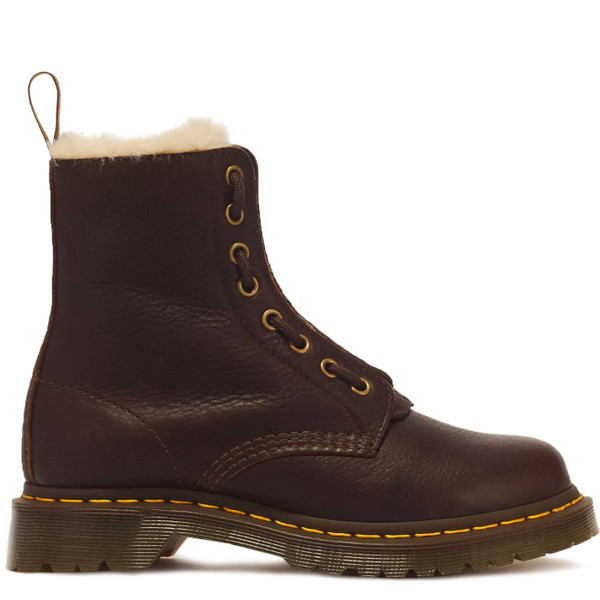 Dr Martens Women's 1460 Serena Zip 8 Eye Grizzly Leather Faux Fur Lined Boots in Dark Brown -Side on
