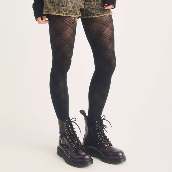 Model Wearing Dr Martens 1460 Pascal Whimsigoth Arcadia Leather & Velvet Boots in Purple