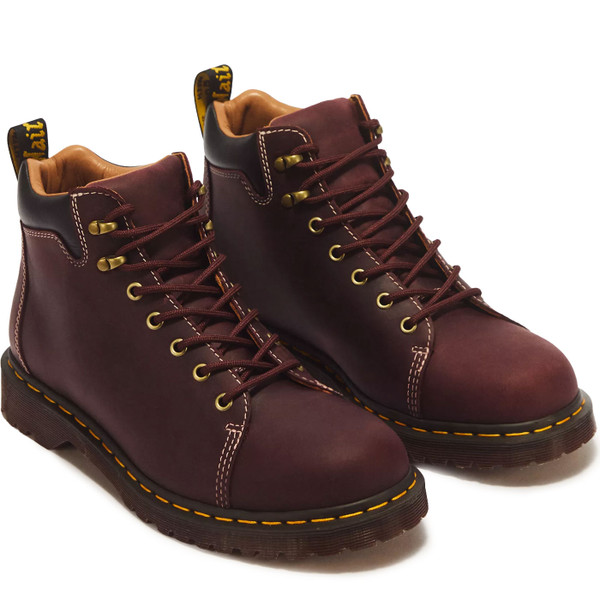Pair of Dr Martens 939 Hiker Republic WP Leather Boots in Spiced Brown and Black - Front at angle