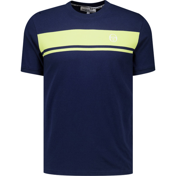 Sergio Tacchini Mens Master Retro Chest Stripe Crew Neck T-Shirt in Maritime Blue and Celery Green