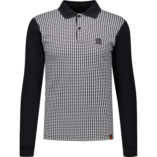 Trojan Mens Mod Long Sleeve Houndstooth Panel Polo Shirt in Black