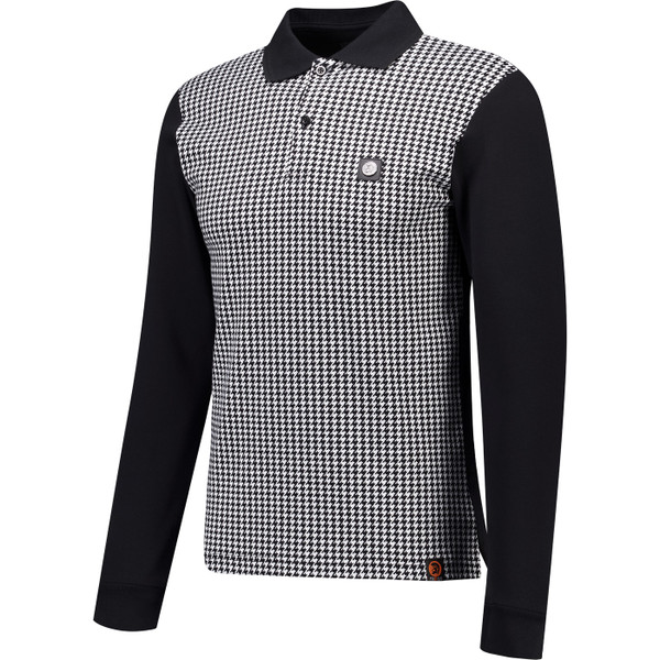 Trojan Mens Mod Long Sleeve Houndstooth Panel Polo Shirt in Black