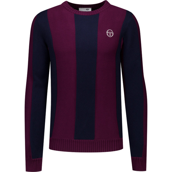 Sergio Tacchini Mens Vico Striped Crew Neck Knitted Sweater in Fig and Maritime Blue
