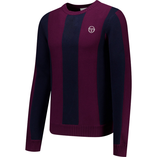 Sergio Tacchini Mens Vico Striped Crew Neck Knitted Sweater in Fig and Maritime Blue