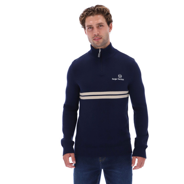Man wearing Sergio Tacchini New Dallas 1/4 Zip Knitted Jumper in Maritime Blue