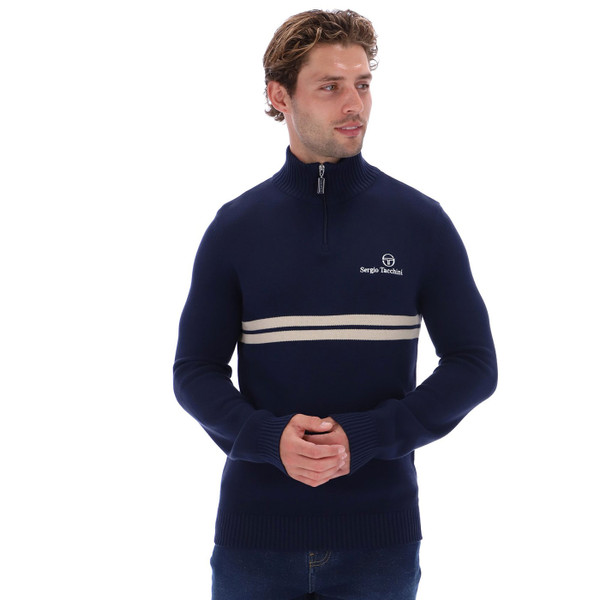 Man wearing Sergio Tacchini New Dallas 1/4 Zip Knitted Jumper in Maritime Blue