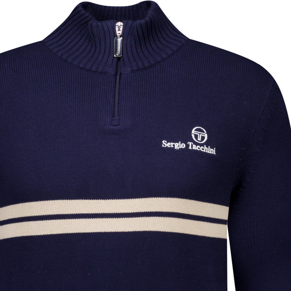 Sergio Tacchini Mens New Dallas 1/4 Zip Knitted Sweater in Maritime Blue and Peyote Grey