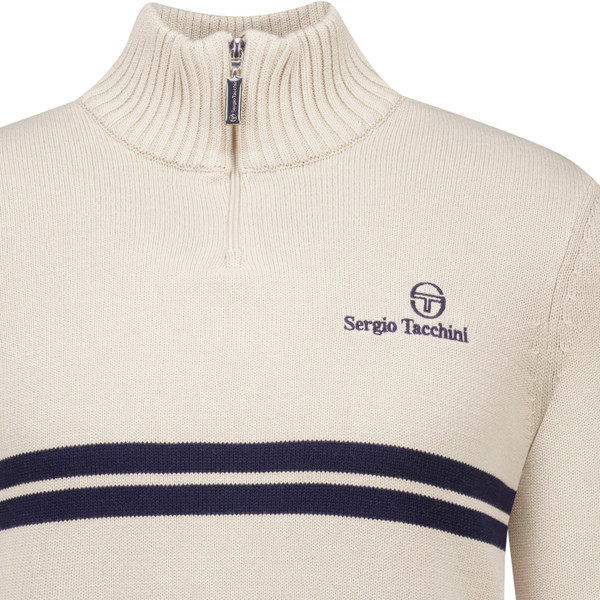 Zip up funnel neck on Sergio Tacchini New Dallas 1/4 Zip Knitted Sweater in Peyote Cream