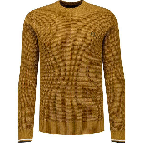 Fred Perry Mens Waffle Stitch Crew Neck Jumper in Dark Caramel
