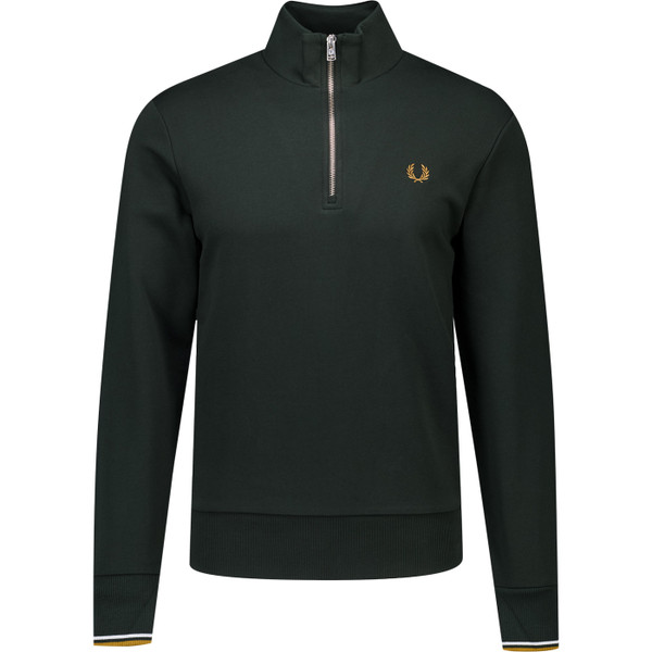 Fred Perry Mens Half Zip Funnel Neck Sweatshirt in Night Green Dusky Blue and Dark Carbon