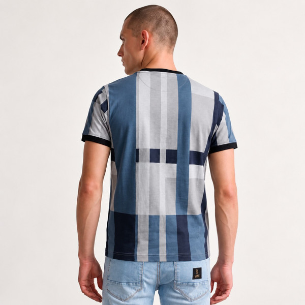 Model Wearing Luke 1977 Brom Check Crew Neck T-shirt in Blue Hue Check - Front
