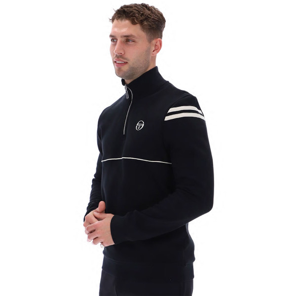 Man wearing Sergio Tacchini Orion Retro 1/4 Zip Piped Fleece Back Sweatshirt in Black