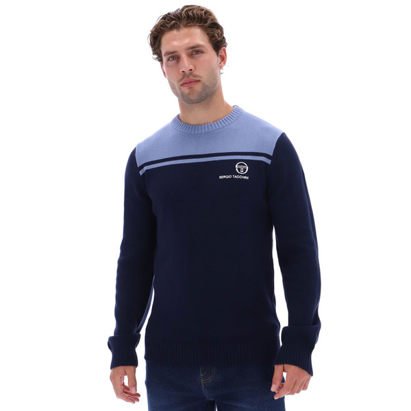 Man weaing Sergio Tacchini New Young Line Knitted Ski Jumper in Navy/Blue