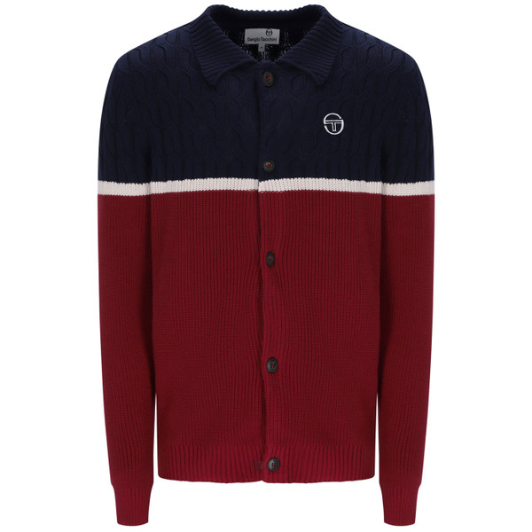 Sergio Tacchini Corte Retro Ski Cable Knit Cardigan in Merlot Red/Navy