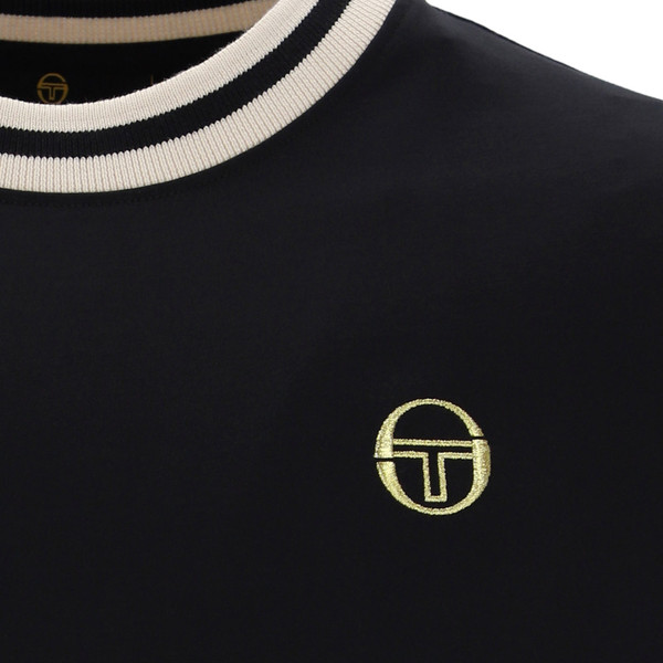 Collar and logo on Sergio Tacchini Rainer Velour T-Shirt in Black