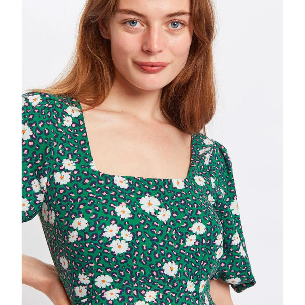 Louche Nadine Roaring Daisy Print Square Neck Balloon Sleeve Midi Dress in Green