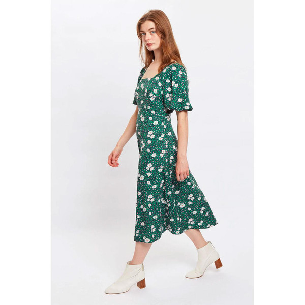 Louche Nadine Roaring Daisy Print Square Neck Balloon Sleeve Midi Dress in Green