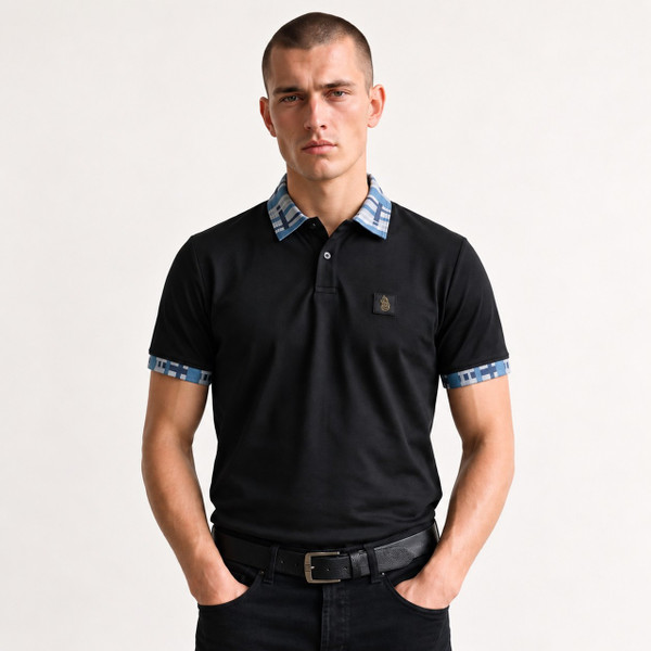 Model Wearing Luke 1977 Yard Blue Hue Check Collar Polo Shirt in Black - Front