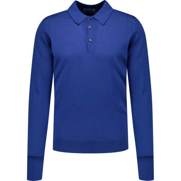 John Smedley Mens Dorset Mod Merino Wool Long Sleeve Polo Top in Mazarine Blue