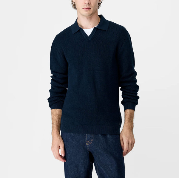 Man wearing French Connection Waffle Knit Trophy Collar Knitted Polo in Navy