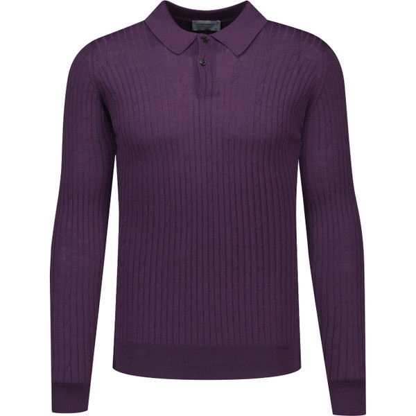 John Smedley Mens Hodson Extra Fine Merino Wool Cable Rib Long Sleeve Polo Top in Velvet Plum