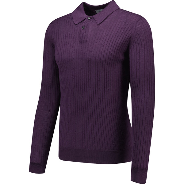 John Smedley Mens Hodson Extra Fine Merino Wool Cable Rib Long Sleeve Polo Top in Velvet Plum